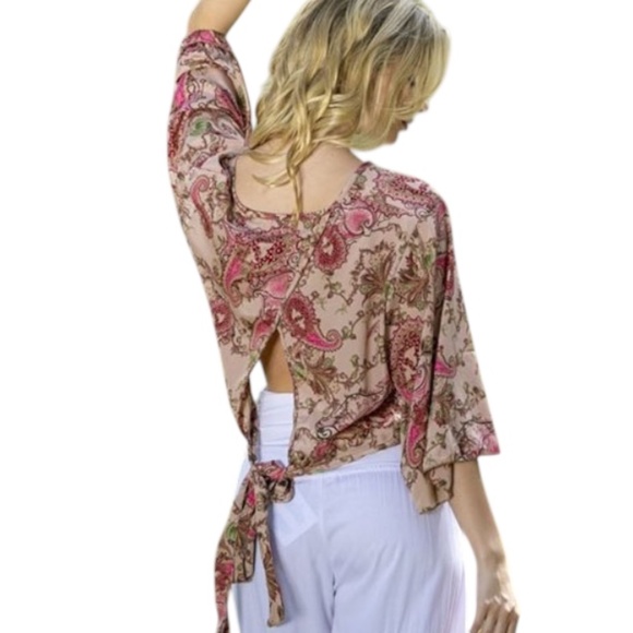 NWT Silk Blend Cross Back Top Blouse Cienna Blush Pink Paisley Blue Boho Sz. S-M - Picture 1 of 12